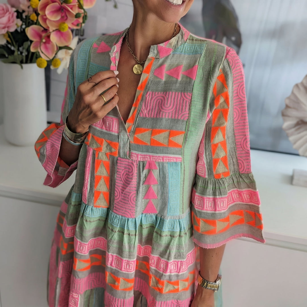 Rosa - Women's Summer Boho Tiered Bell Sleeve Mini Dress - Midi Dress - Pink - Davies & Cooper