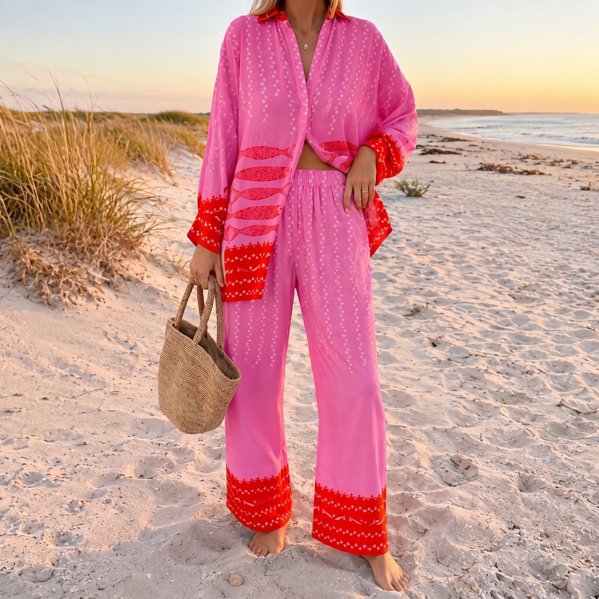 Rosa - Women's Summer Printed Long Sleeve Co-ord Shirt - Outfit Sets - Pink - Davies & Cooper