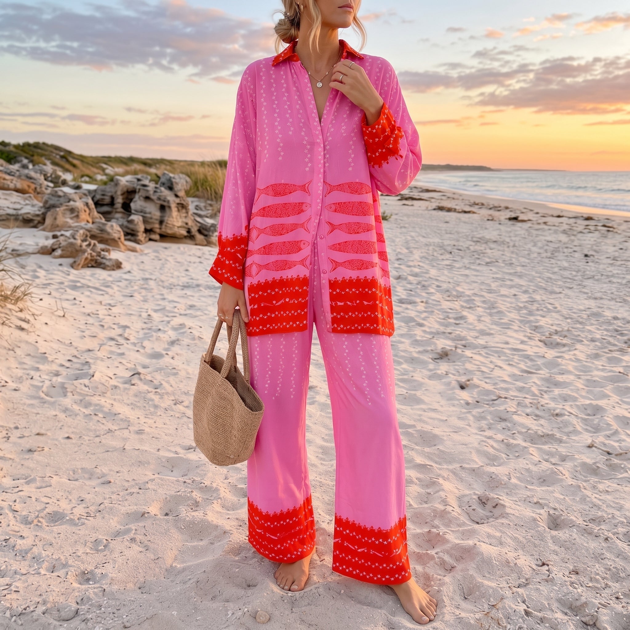 Rosa - Women's Summer Printed Long Sleeve Co-ord Shirt - Outfit Sets - Pink - Davies & Cooper