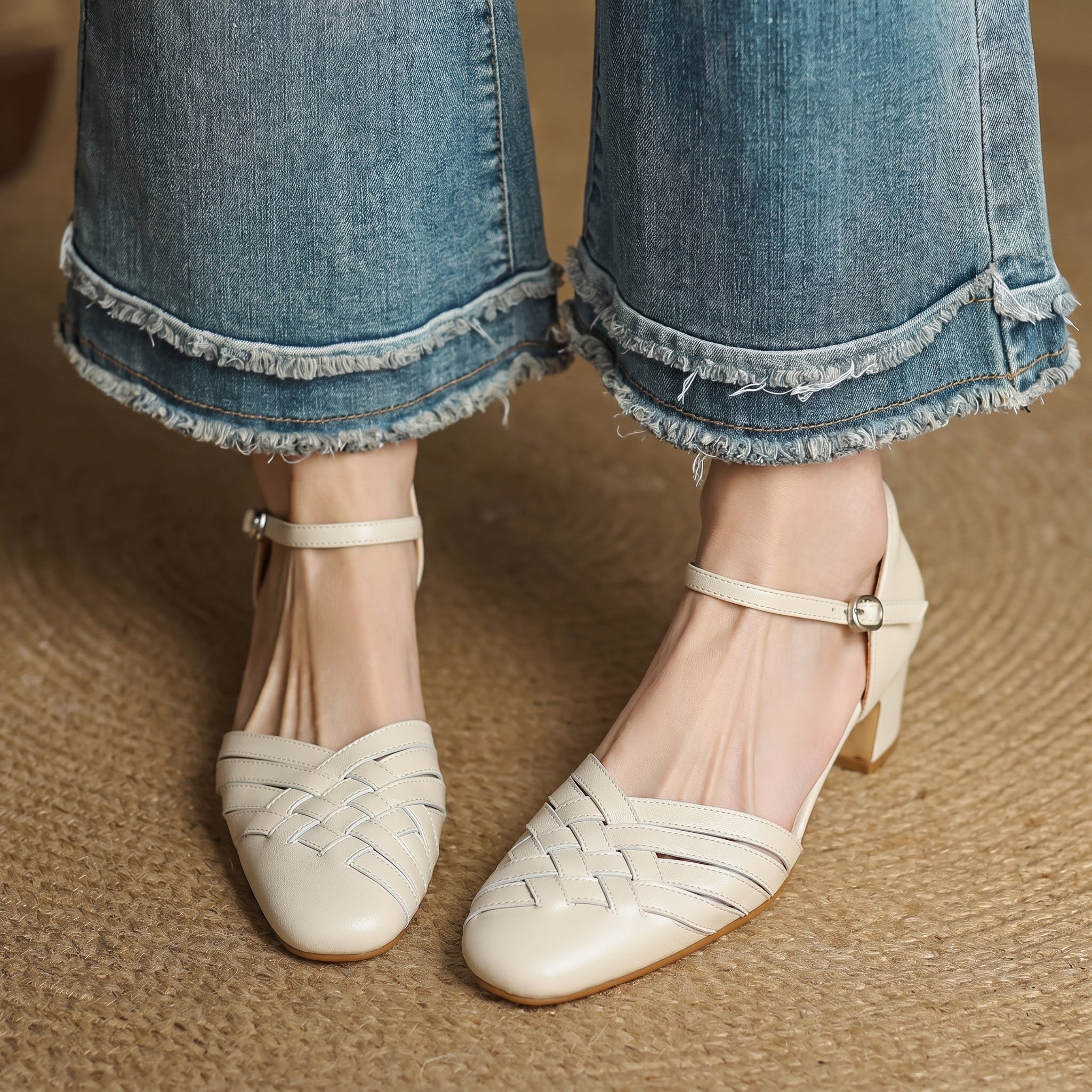 Rosa - Women's Woven Pumps with Buckle Ankle Strap - Heels - Beige - Davies & Cooper