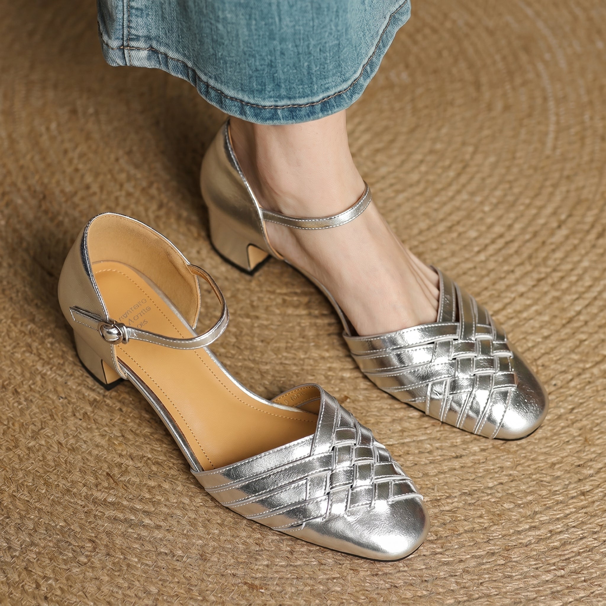 Rosa - Women's Woven Pumps with Buckle Ankle Strap - Heels - Silver - Davies & Cooper