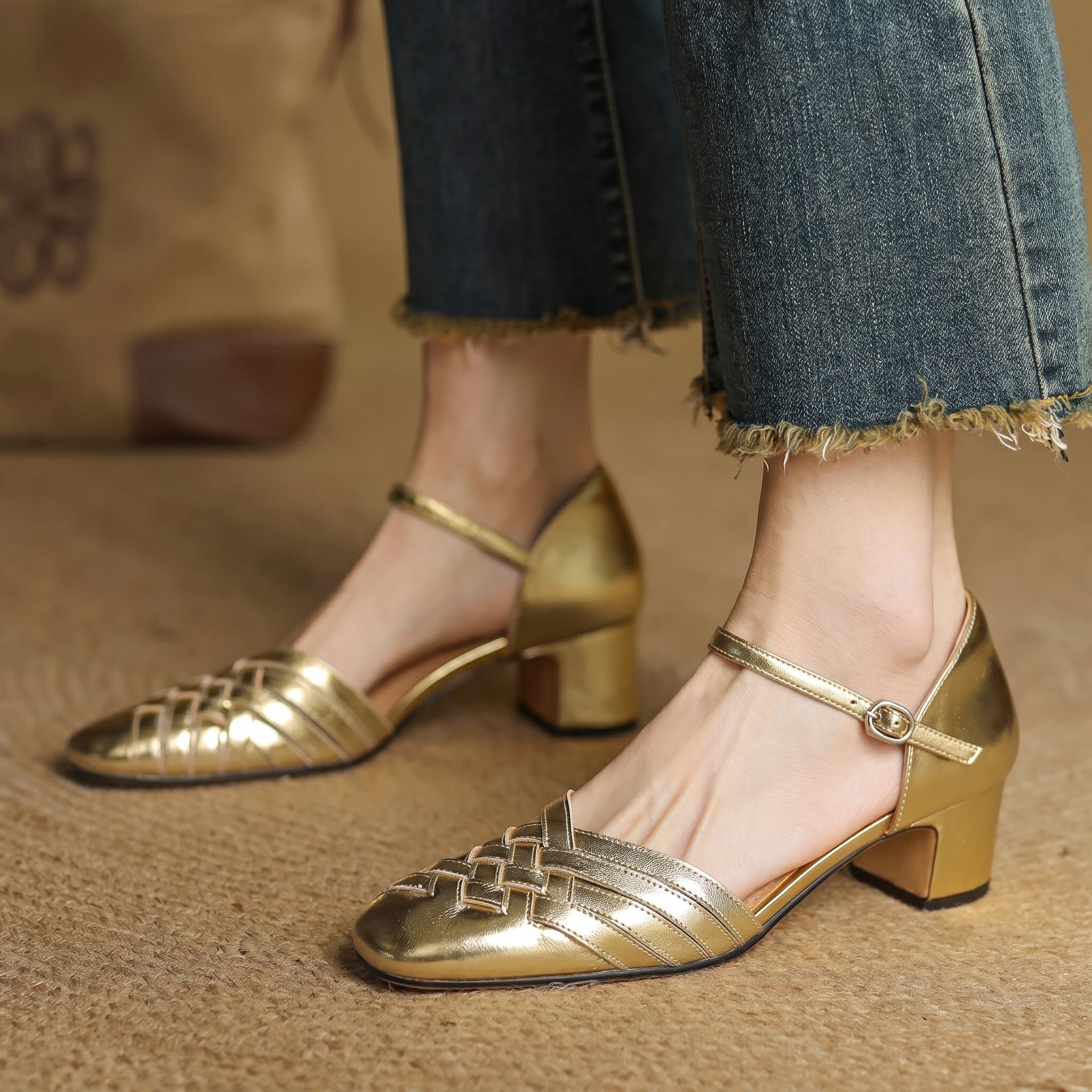Rosa - Women's Woven Pumps with Buckle Ankle Strap - Heels - Gold - Davies & Cooper
