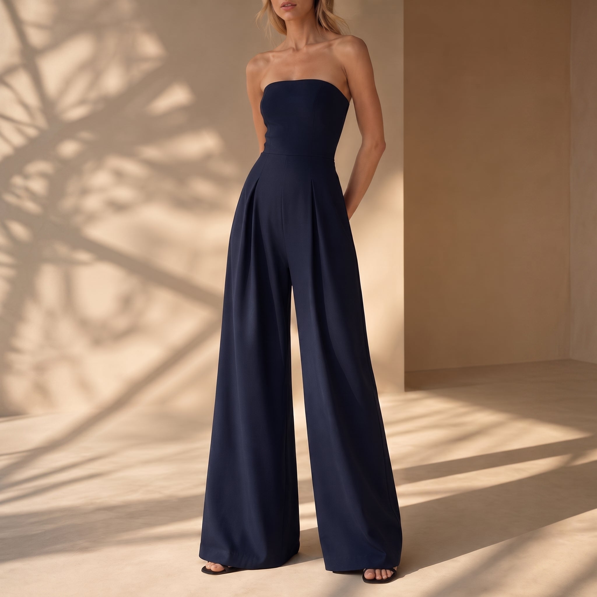 Rosie - Women's Bandeau Fitted Bodice Evening Jumpsuit - One-Pieces - Navy Blue - Davies & Cooper