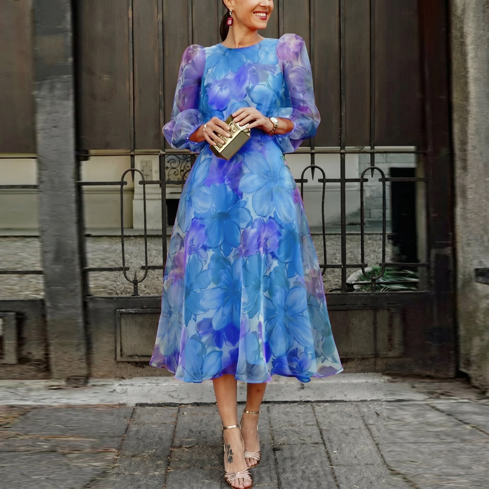 Rosie - Women's Party Floral Long Sleeve Midi Dress - Midi Dress - Blue - Davies & Cooper