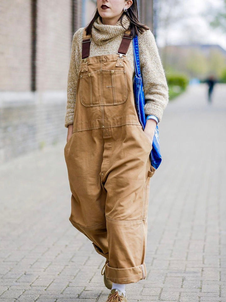 Rosie - Women's Relaxed Fit Wide - Leg Dungarees with Multi - Pocket - Overall - Brown - Davies & Cooper