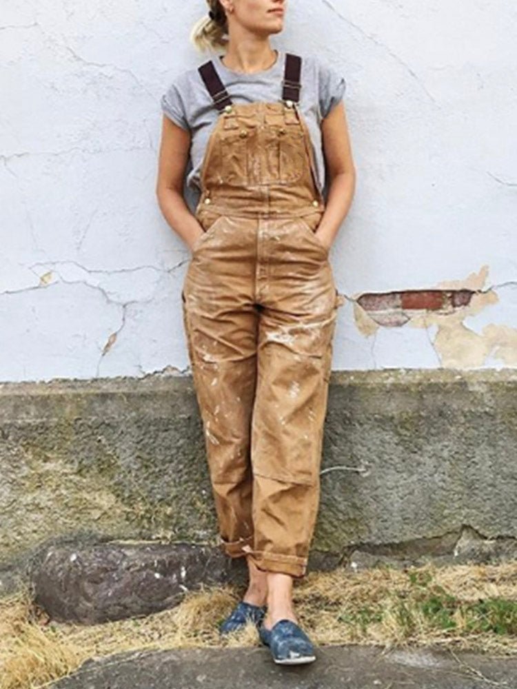Rosie - Women's Relaxed Fit Wide - Leg Dungarees with Multi - Pocket - Overall - Brown - Davies & Cooper