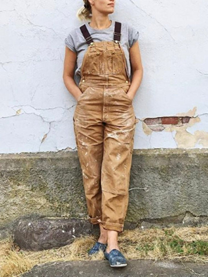 Rosie - Women's Relaxed Fit Wide - Leg Dungarees with Multi - Pocket - Overall - Brown - Davies & Cooper