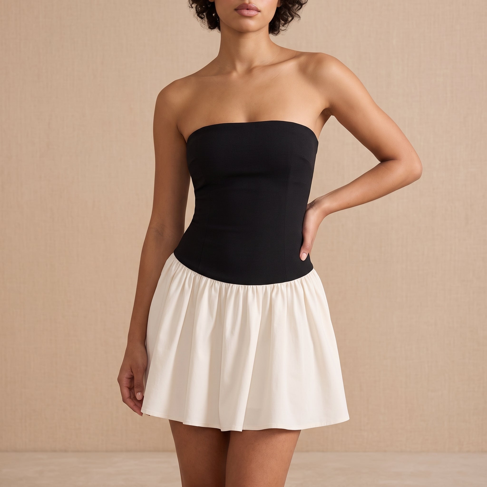Rosie - Women's Strapless Pleated Mini Dress with Contrast Skirt - Dresses - Black - Davies & Cooper