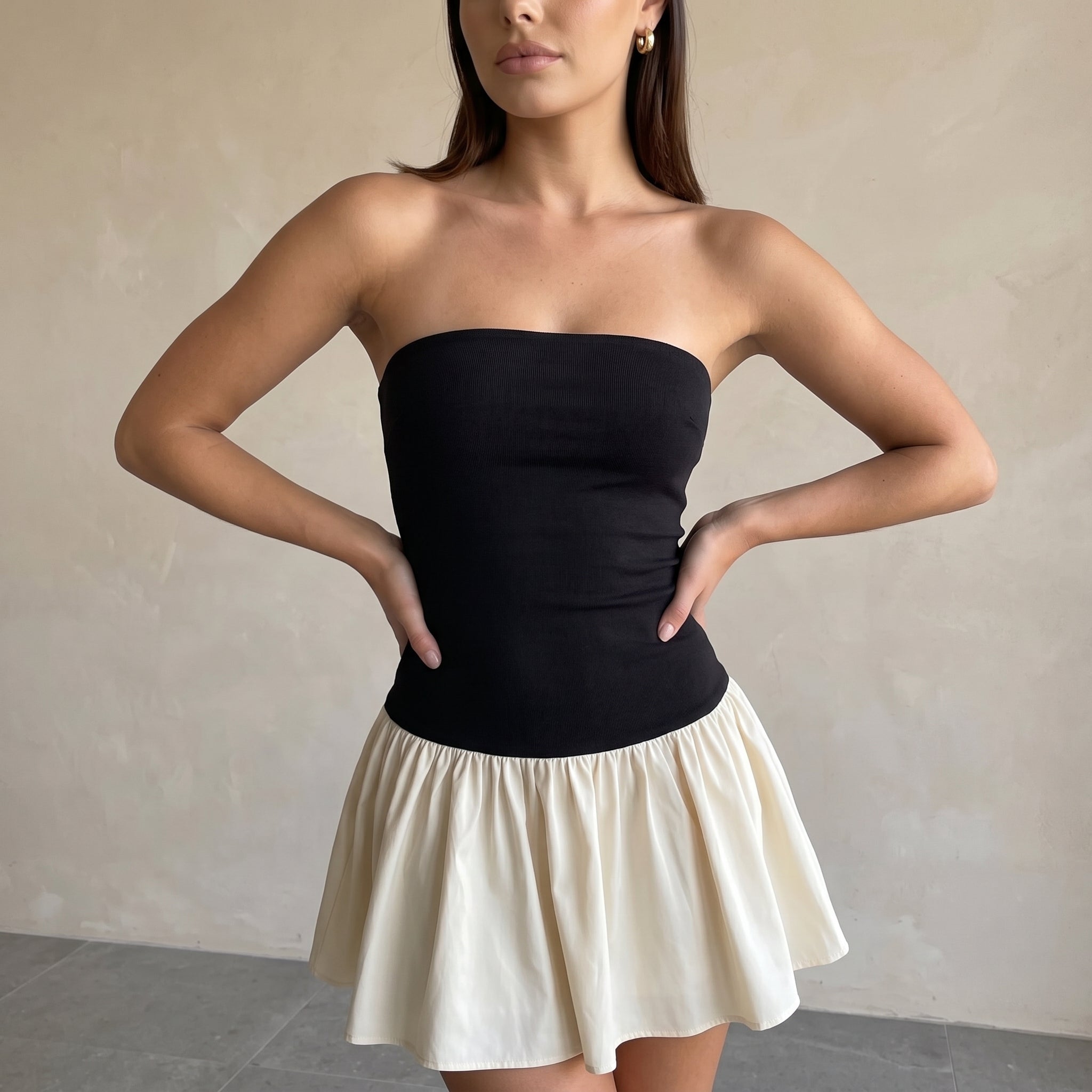 Rosie - Women's Strapless Pleated Mini Dress with Contrast Skirt - Dresses - Black - Davies & Cooper