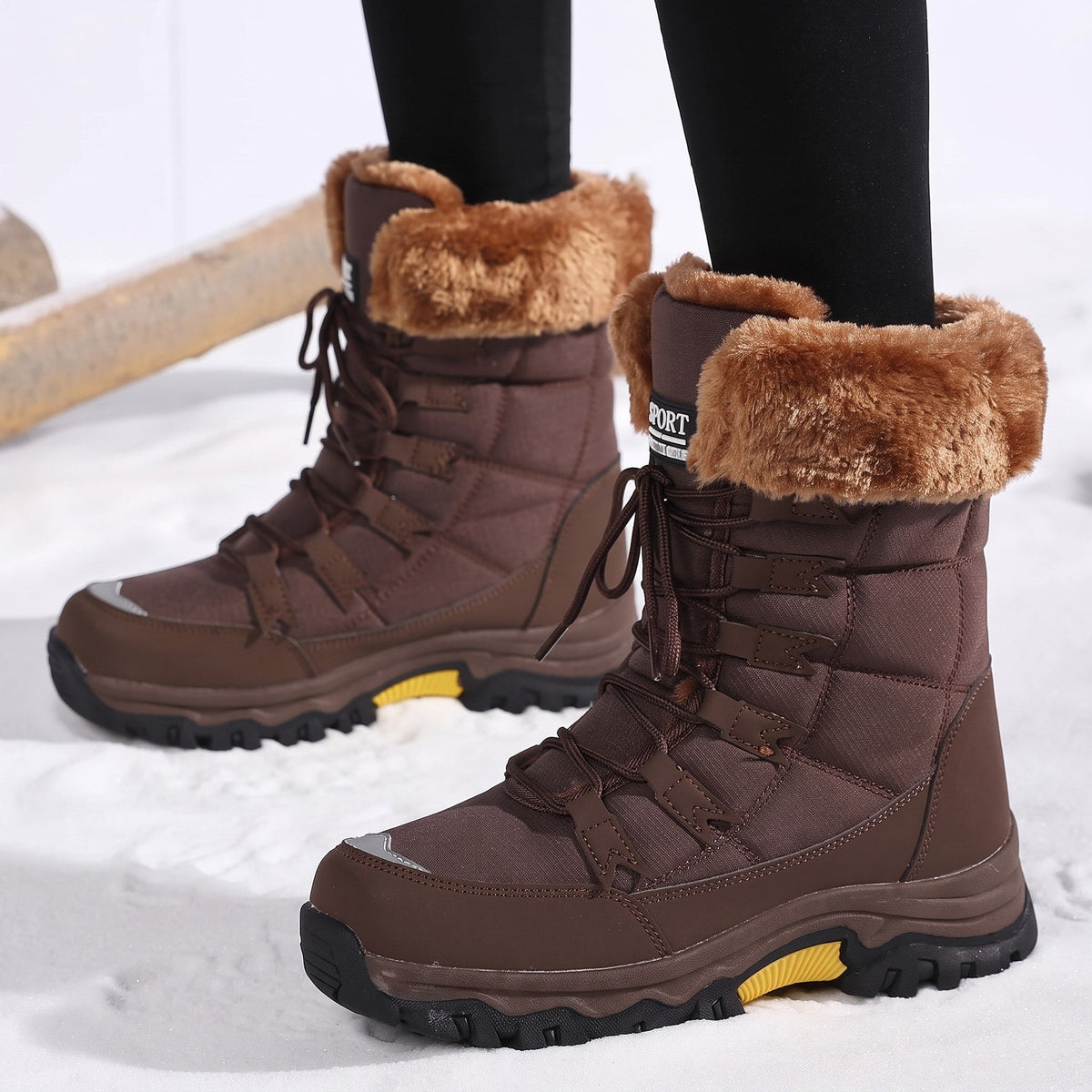 Rowan - Women's Faux Fur Trim Lace-Up Snow Boots with Chunky Sole - Boots - Brown - Davies & Cooper