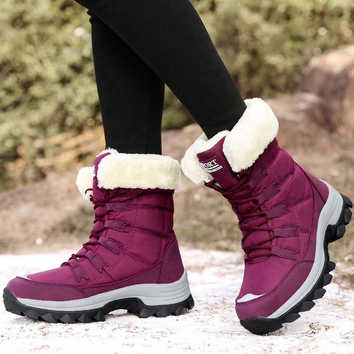 Rowan - Women's Faux Fur Trim Lace-Up Snow Boots with Chunky Sole - Boots - Purple - Davies & Cooper