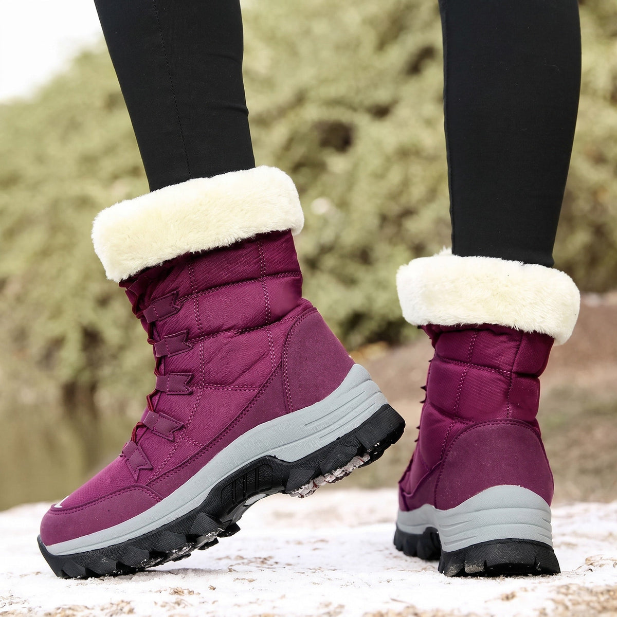 Rowan - Women's Faux Fur Trim Lace-Up Snow Boots with Chunky Sole - Boots - Purple - Davies & Cooper