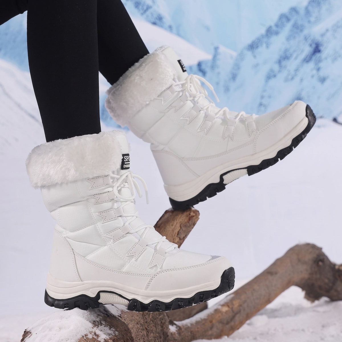 Rowan - Women's Faux Fur Trim Lace-Up Snow Boots with Chunky Sole - Boots - White - Davies & Cooper