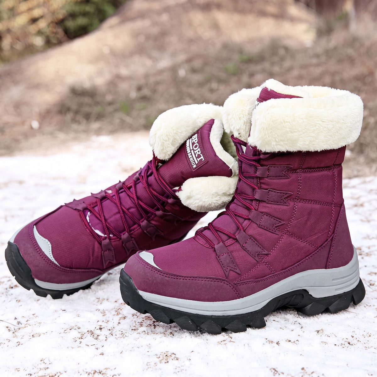 Rowan - Women's Faux Fur Trim Lace-Up Snow Boots with Chunky Sole - Boots - Purple - Davies & Cooper