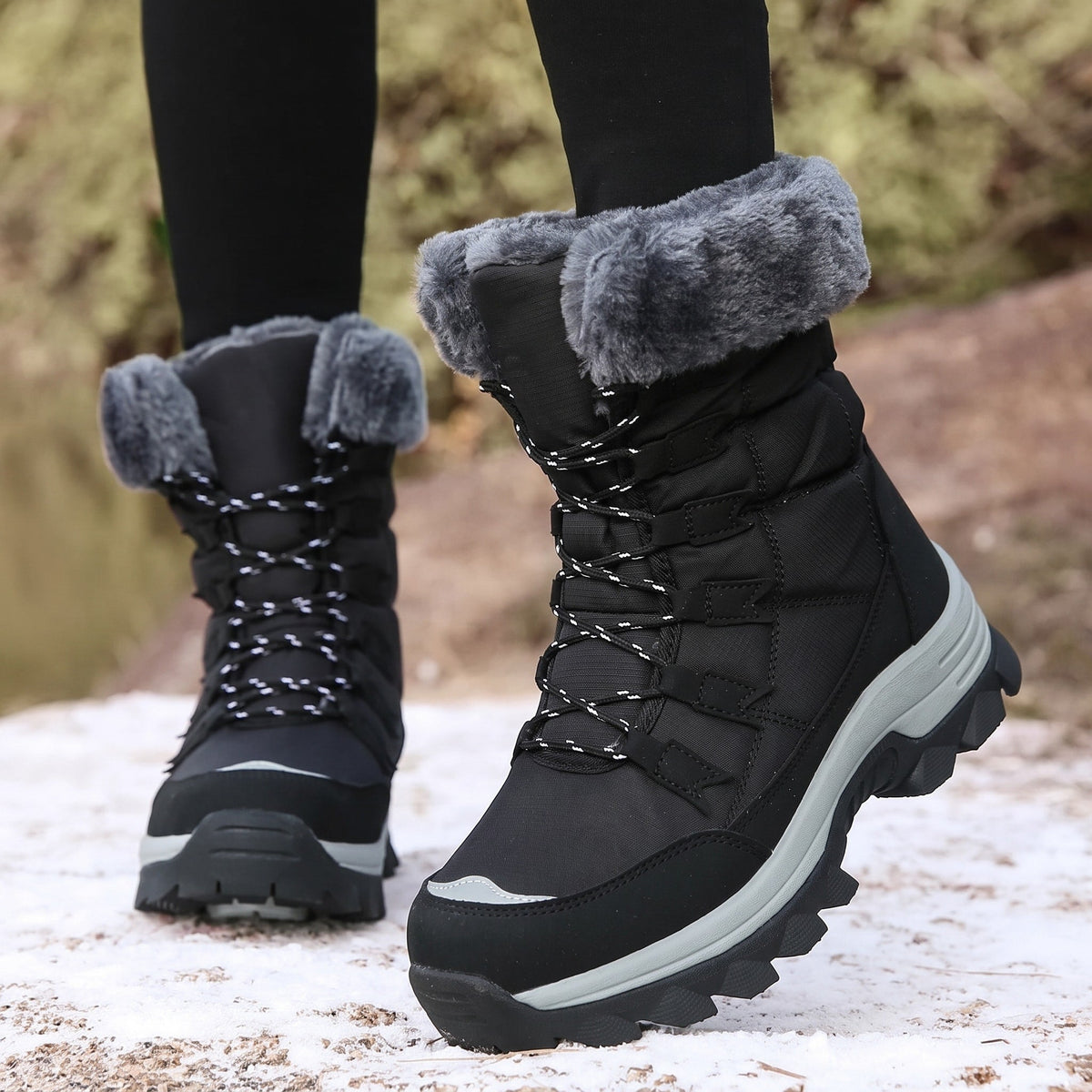 Rowan - Women's Faux Fur Trim Lace-Up Snow Boots with Chunky Sole - Boots - Black - Davies & Cooper