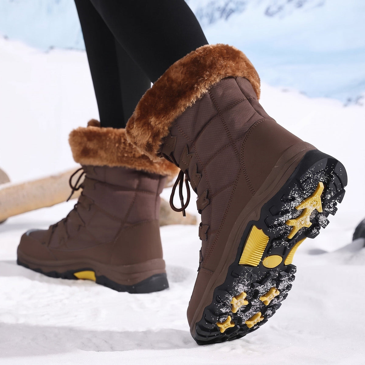 Rowan - Women's Faux Fur Trim Lace-Up Snow Boots with Chunky Sole - Boots - Brown - Davies & Cooper