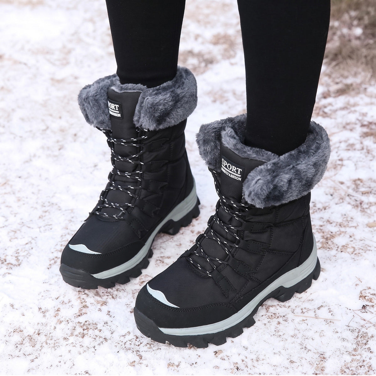 Rowan - Women's Faux Fur Trim Lace-Up Snow Boots with Chunky Sole - Boots - Black - Davies & Cooper