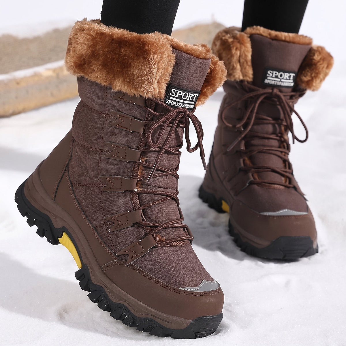 Rowan - Women's Faux Fur Trim Lace-Up Snow Boots with Chunky Sole - Boots - Brown - Davies & Cooper