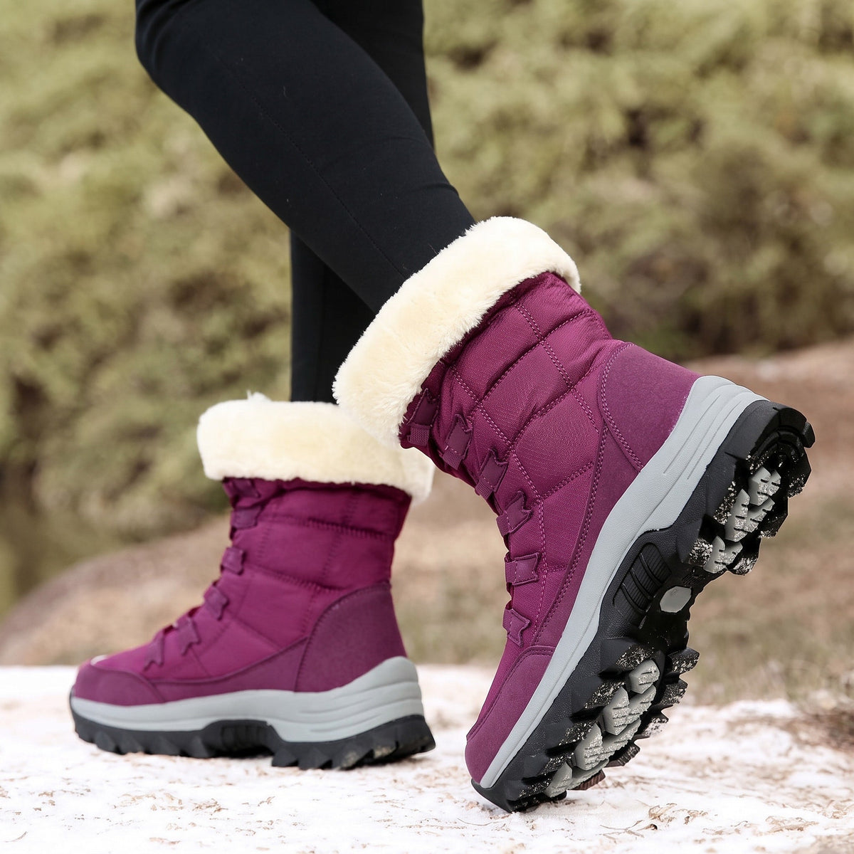 Rowan - Women's Faux Fur Trim Lace-Up Snow Boots with Chunky Sole - Boots - Purple - Davies & Cooper