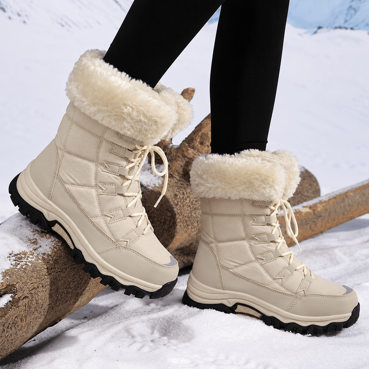 Rowan - Women's Faux Fur Trim Lace-Up Snow Boots with Chunky Sole - Boots - Beige - Davies & Cooper