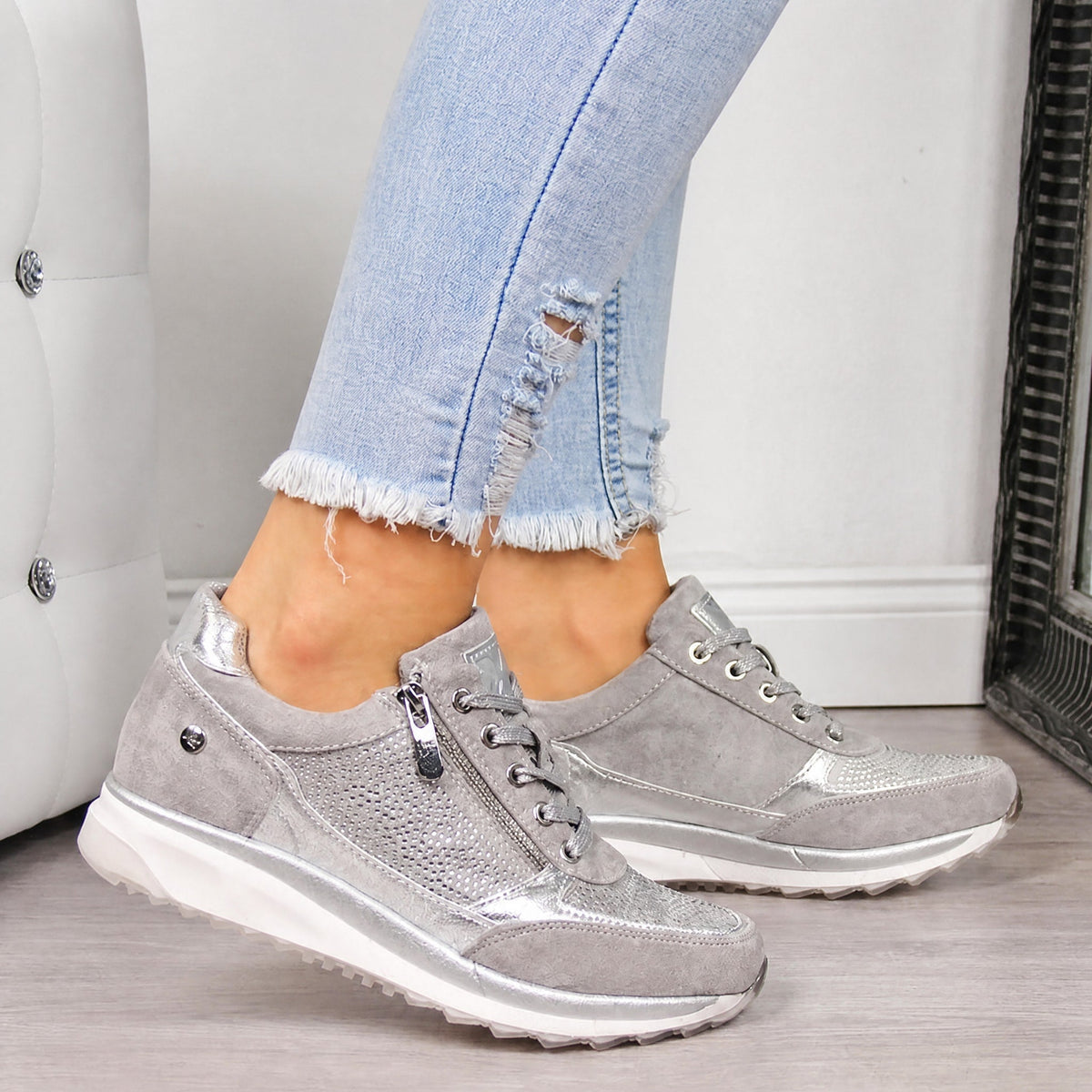 Rowan - Women's Orthopaedic Diamante Lace-Up Trainers with Side Zip - Sneakers - Silver - Davies & Cooper