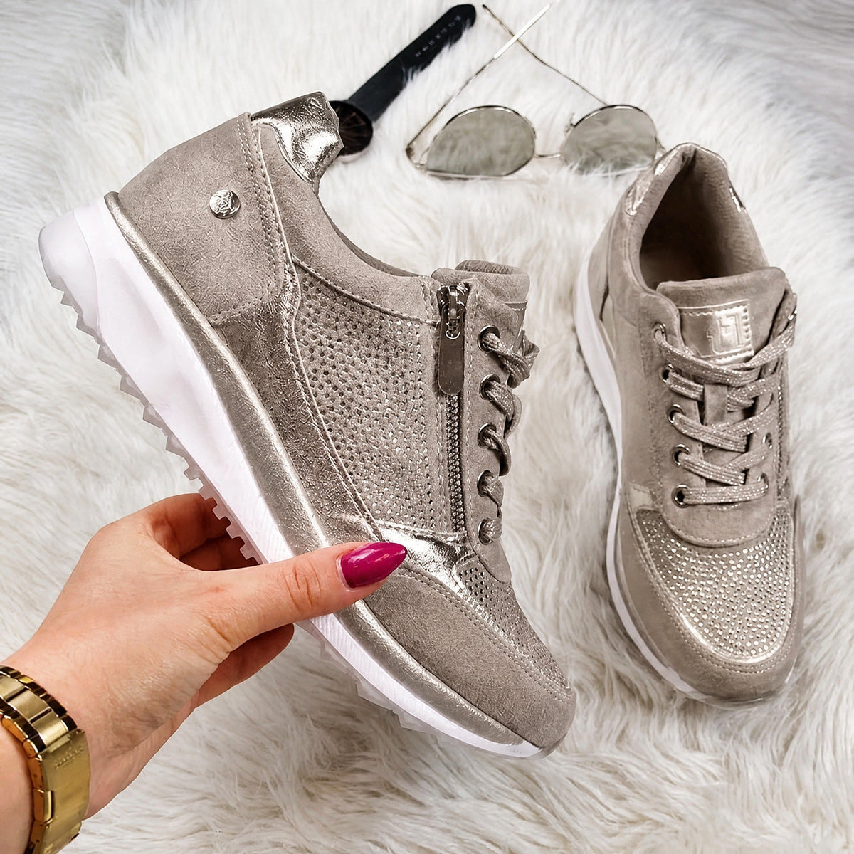 Rowan - Women's Orthopaedic Diamante Lace-Up Trainers with Side Zip - Sneakers - Beige - Davies & Cooper