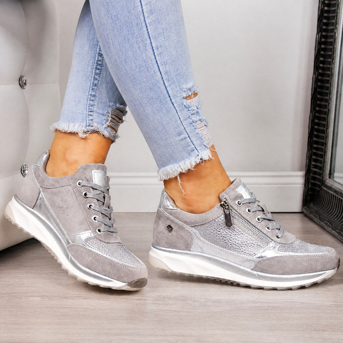 Rowan - Women's Orthopaedic Diamante Lace-Up Trainers with Side Zip - Sneakers - Silver - Davies & Cooper