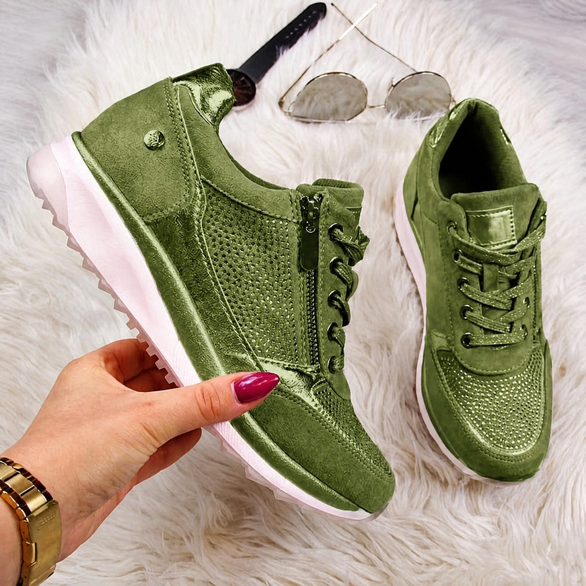 Rowan - Women's Orthopaedic Diamante Lace-Up Trainers with Side Zip - Sneakers - Green - Davies & Cooper