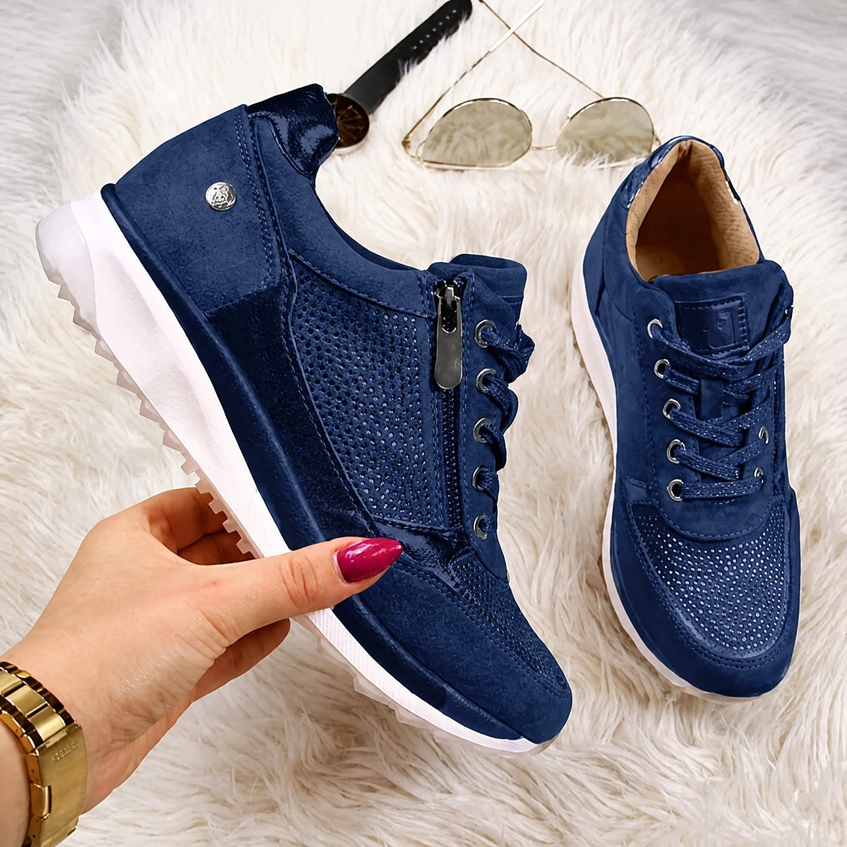 Rowan - Women's Orthopaedic Diamante Lace-Up Trainers with Side Zip - Sneakers - Blue - Davies & Cooper
