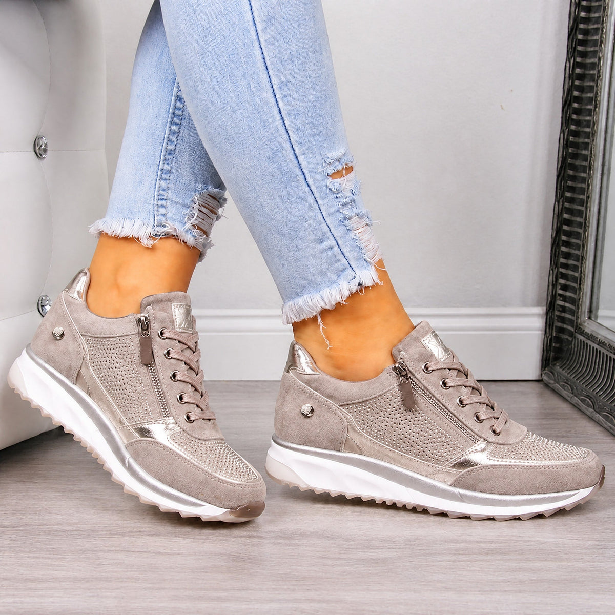 Rowan - Women's Orthopaedic Diamante Lace-Up Trainers with Side Zip - Sneakers - Beige - Davies & Cooper