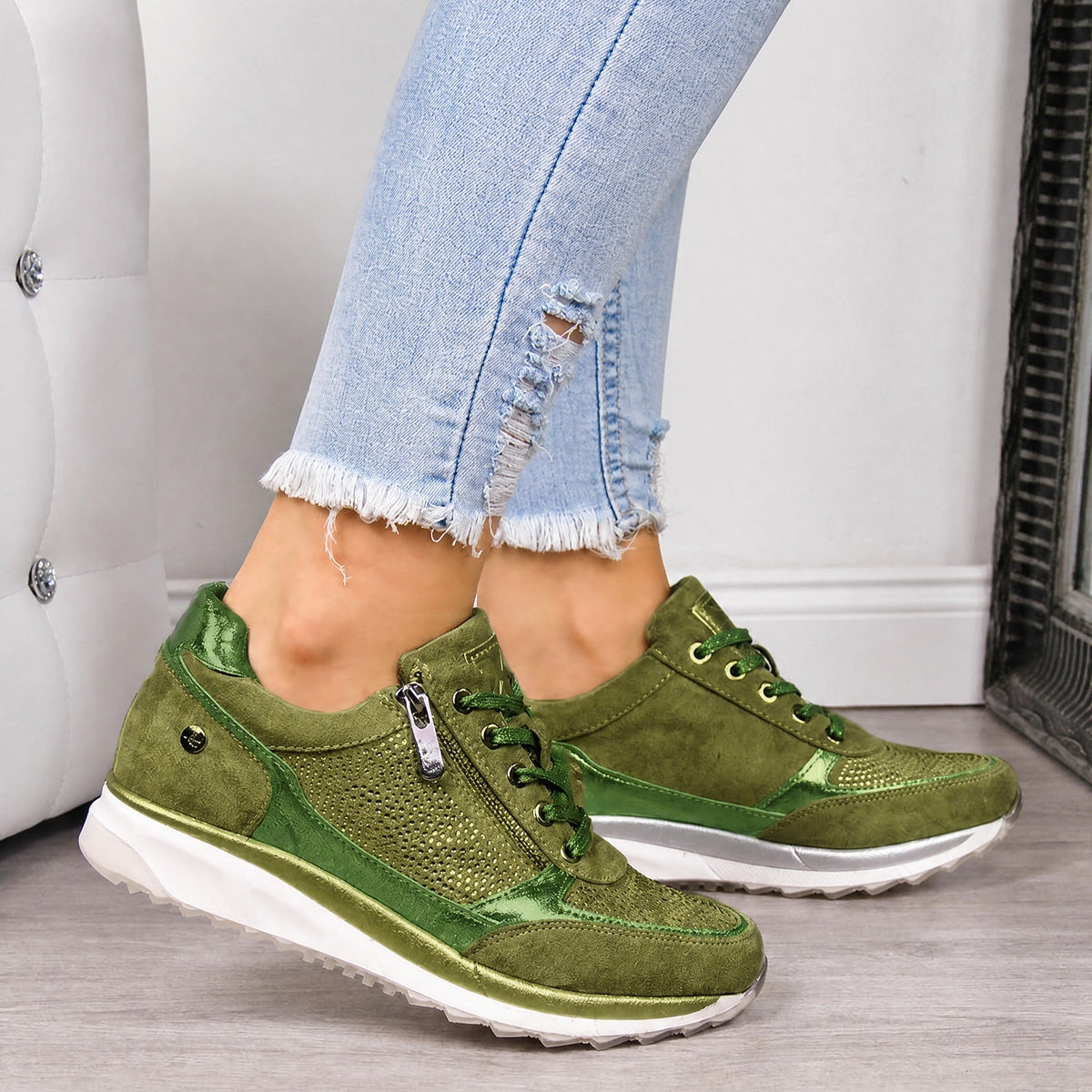 Rowan - Women's Orthopaedic Diamante Lace-Up Trainers with Side Zip - Sneakers - Green - Davies & Cooper