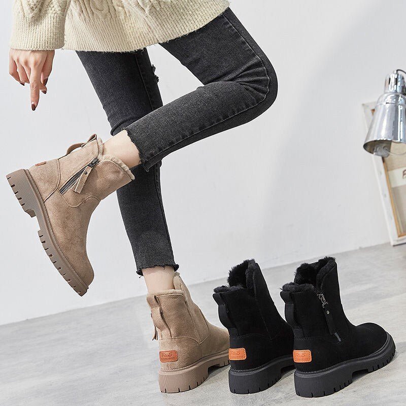 Rowan - Women's Orthopaedic Faux Fur Trim Ankle Boots with Zip Closure - Boots - Beige - Davies & Cooper