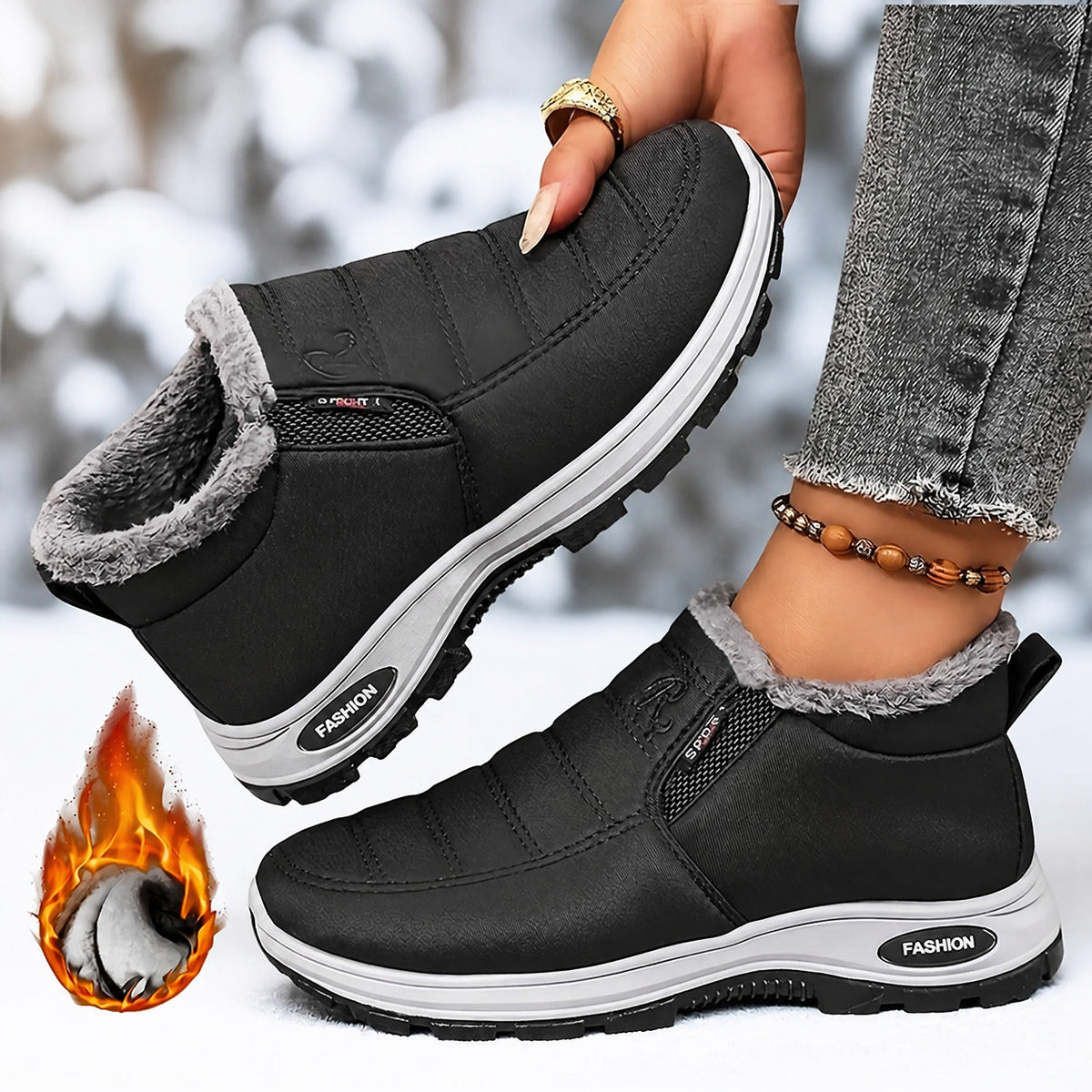 Rowan - Women's Orthopaedic Fur-Lined Ankle Boots with Non-Slip Sole - Boots - Black - Davies & Cooper