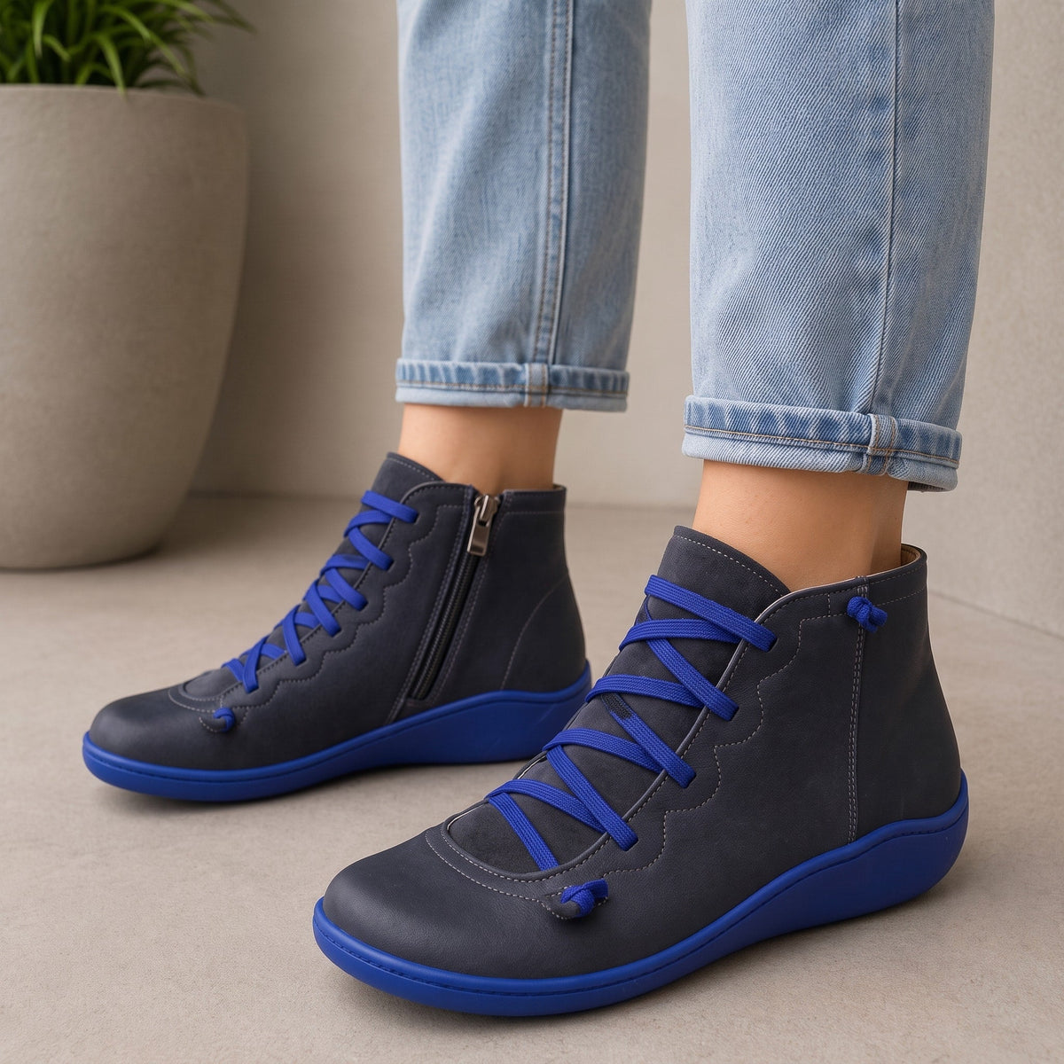 Rowan - Women's Orthopaedic Lace-Up Ankle Boots with Zip Closure - Boots - Blue - Davies & Cooper