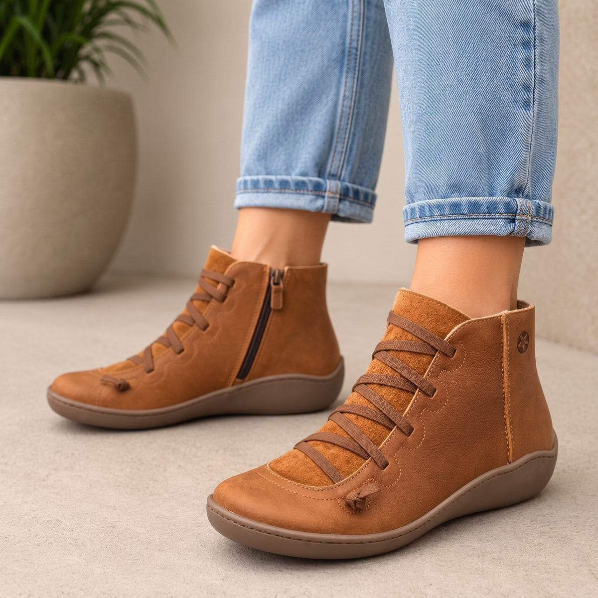 Rowan - Women's Orthopaedic Lace-Up Ankle Boots with Zip Closure - Boots - Brown - Davies & Cooper