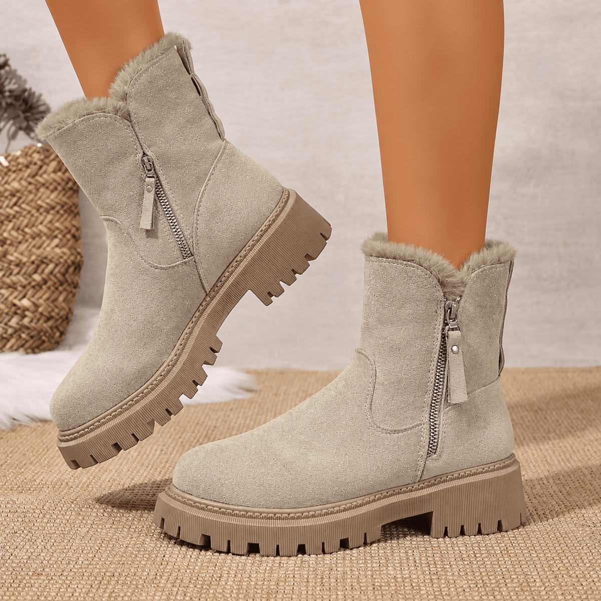 Rowan - Women's Orthopaedic Shearling-Trim Ankle Boots with Side Zip - Boots - Beige - Davies & Cooper