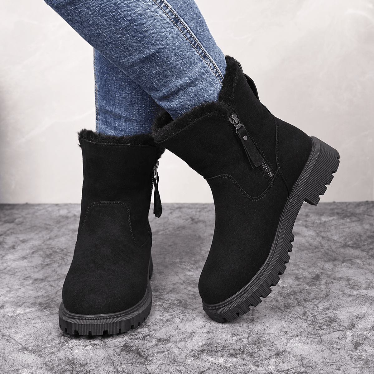 Rowan - Women's Orthopaedic Shearling-Trim Ankle Boots with Side Zip - Boots - Black - Davies & Cooper