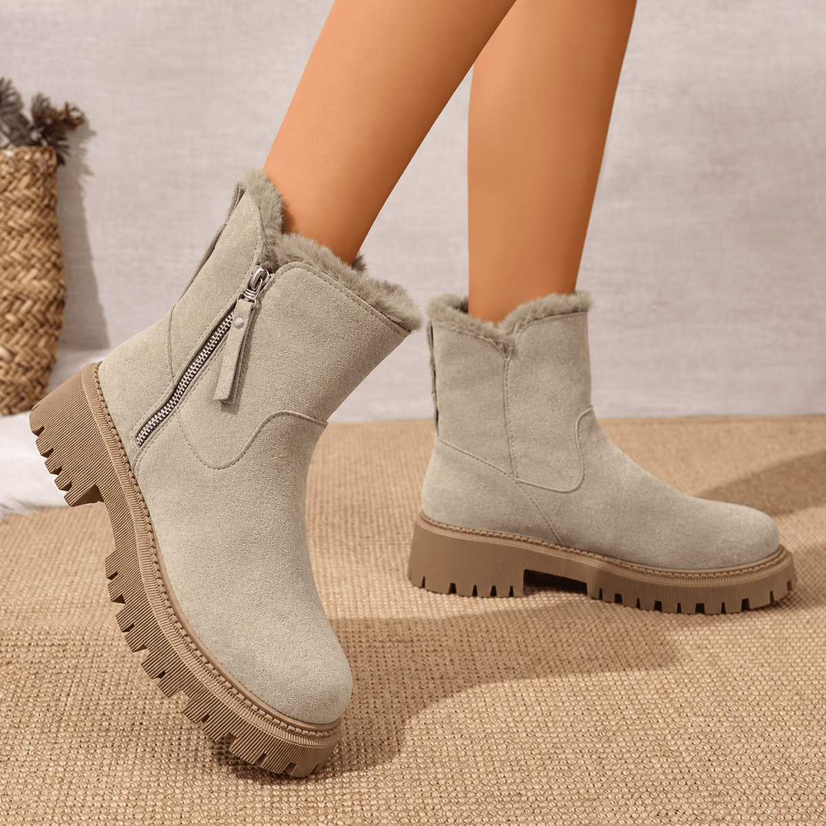 Rowan - Women's Orthopaedic Shearling-Trim Ankle Boots with Side Zip - Boots - Beige - Davies & Cooper