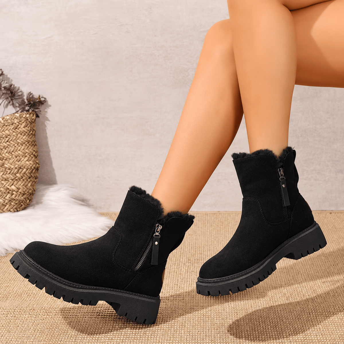 Rowan - Women's Orthopaedic Shearling-Trim Ankle Boots with Side Zip - Boots - Black - Davies & Cooper