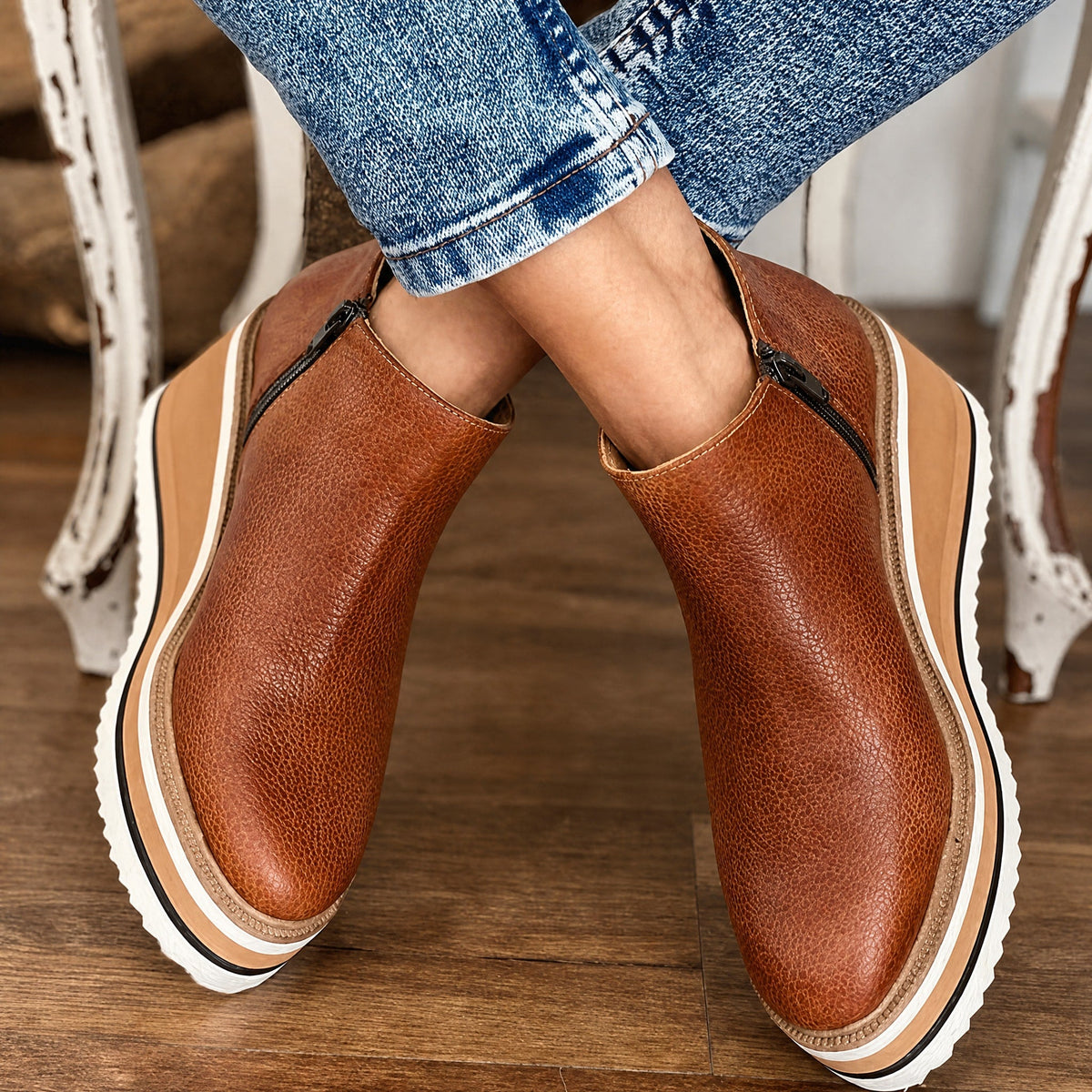 Rowan - Women's Wedge Ankle Boots with Platform Sole and Side Zip - Boots - Brown - Davies & Cooper
