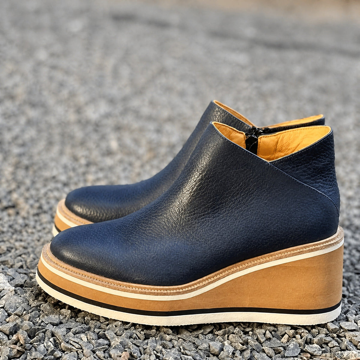 Rowan - Women's Wedge Ankle Boots with Platform Sole and Side Zip - Boots - Dark Blue - Davies & Cooper