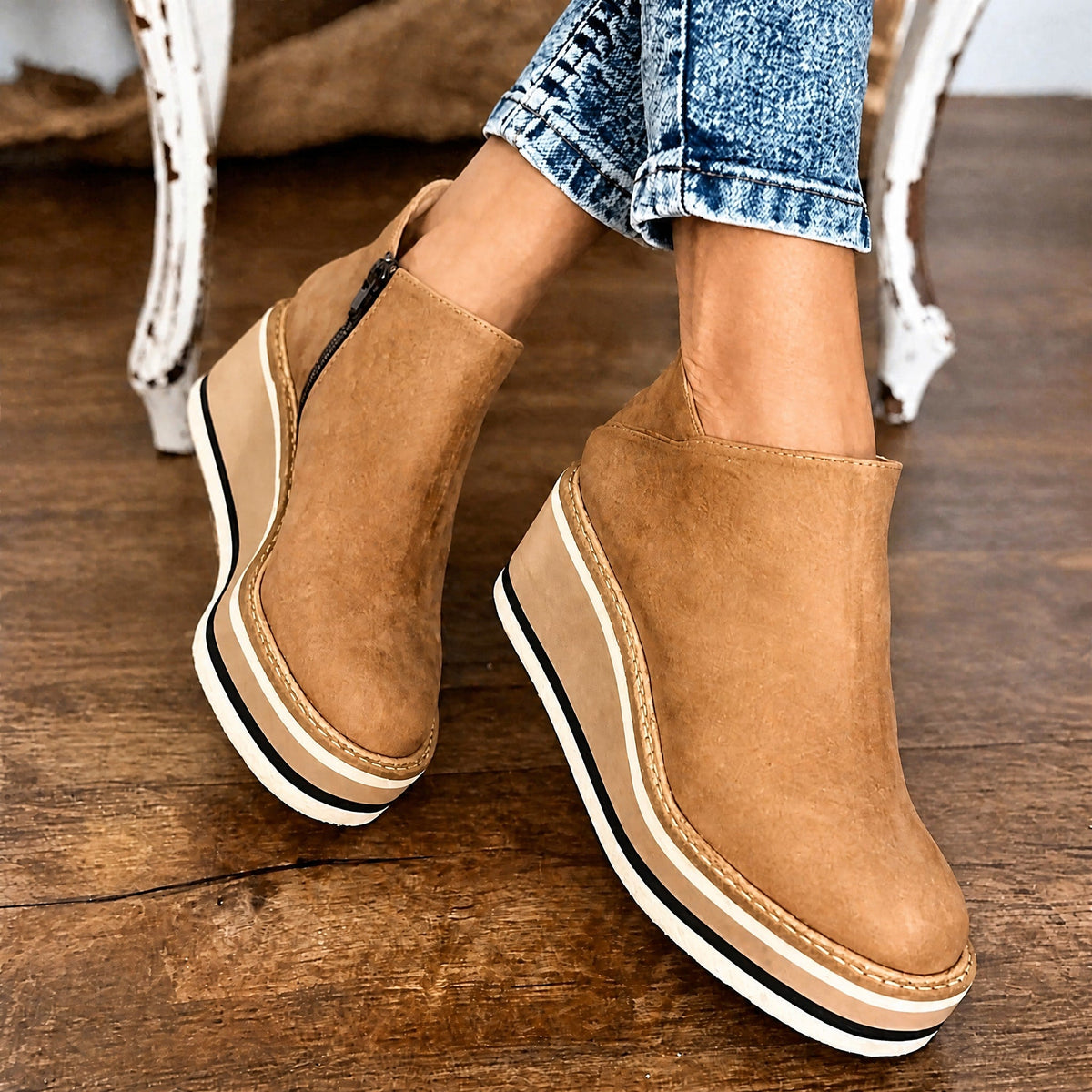 Rowan - Women's Wedge Ankle Boots with Platform Sole and Side Zip - Boots - Khaki - Davies & Cooper