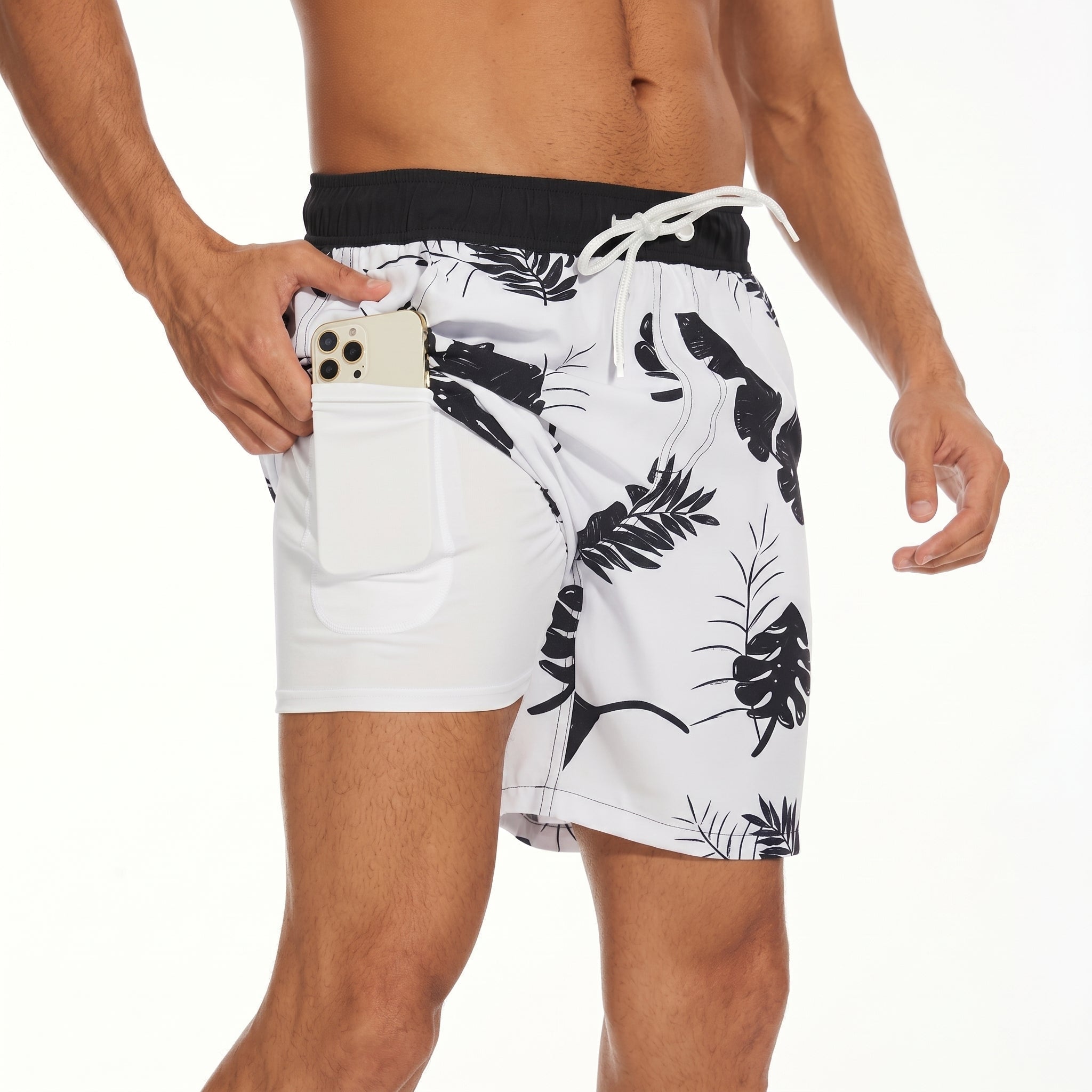Ryan - Men's Summer Printed Drawstring Swimming Shorts - Shorts Men - White - Davies & Cooper