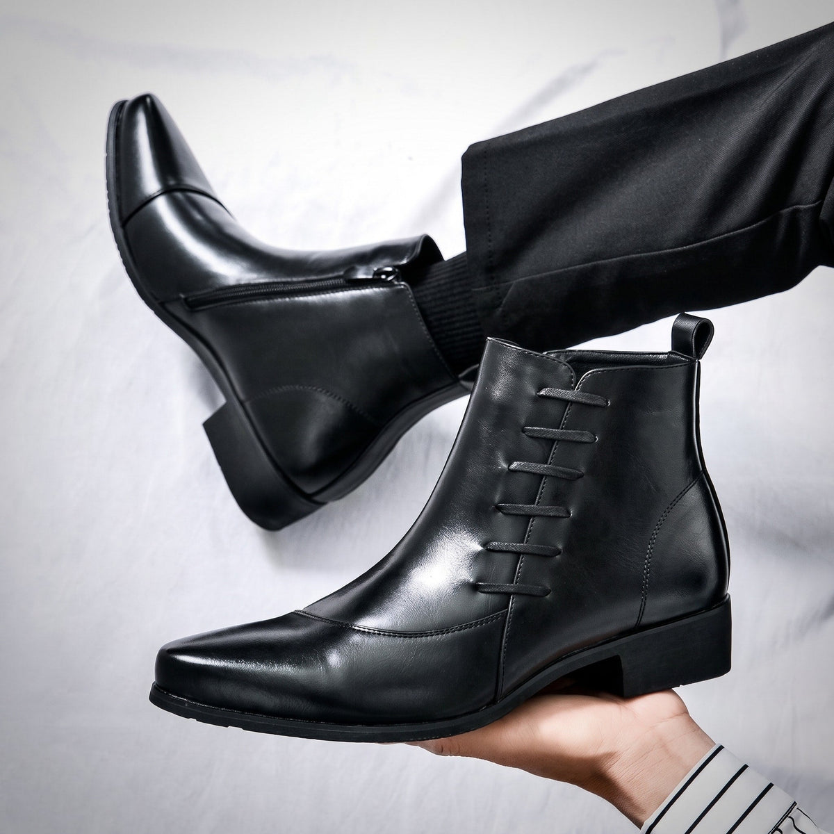 Samuel - Men's Lace-Up Ankle Boots with Zip Closure - Boots - Black - Davies & Cooper