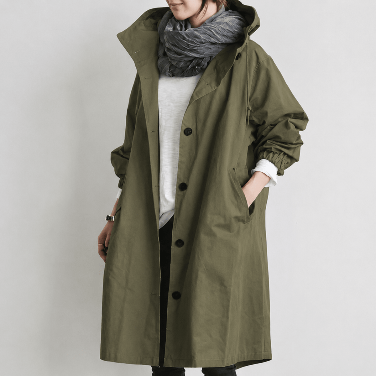 Sanne - Women's Hooded Longline Trench Coat with Drawstring Hood - Trench Coats - Green - Davies & Cooper