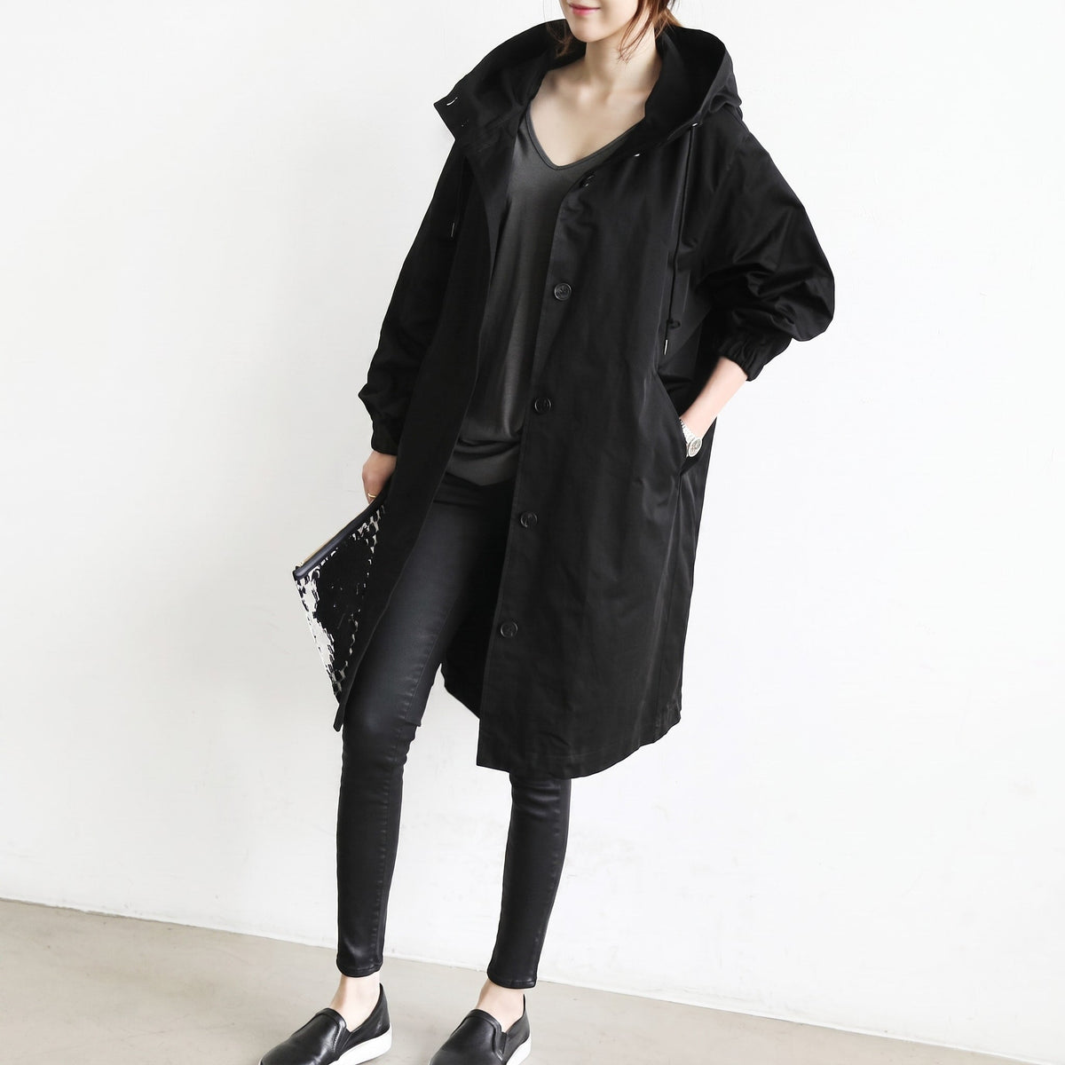 Sanne - Women's Hooded Longline Trench Coat with Drawstring Hood - Trench Coats - Black - Davies & Cooper