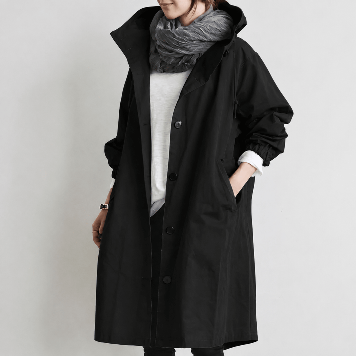 Sanne - Women's Hooded Longline Trench Coat with Drawstring Hood - Trench Coats - Black - Davies & Cooper
