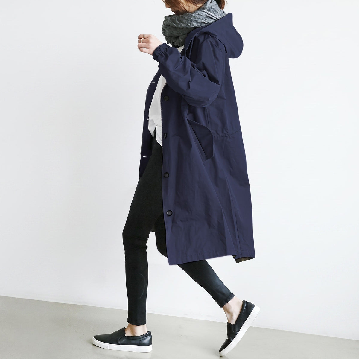Sanne - Women's Hooded Longline Trench Coat with Drawstring Hood - Trench Coats - Navy Blue - Davies & Cooper