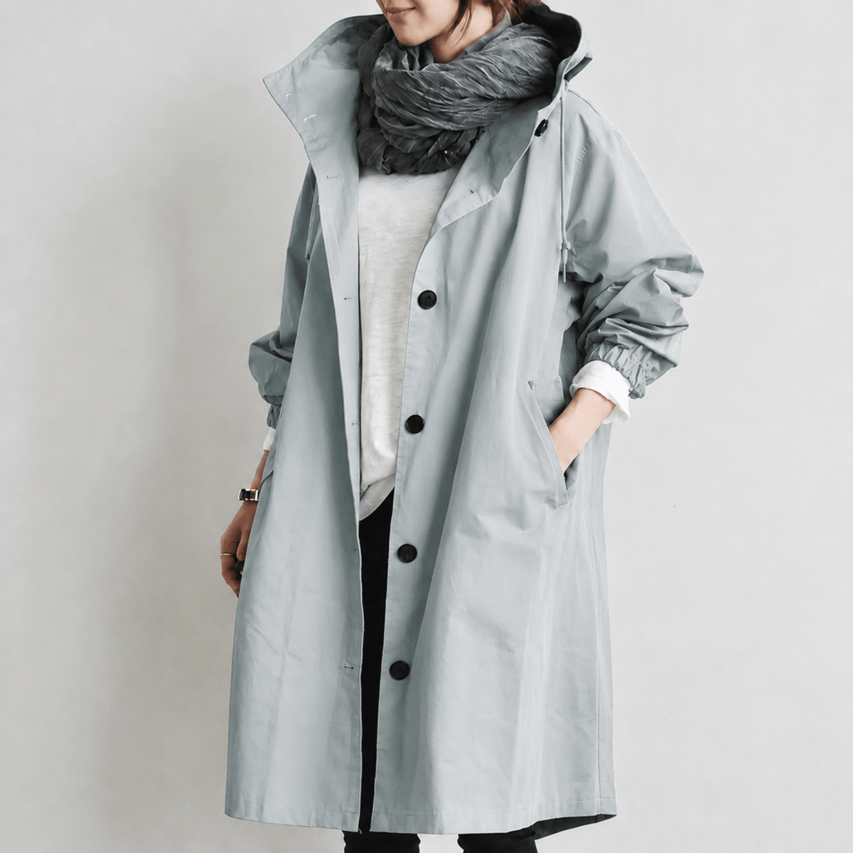 Sanne - Women's Hooded Longline Trench Coat with Drawstring Hood - Trench Coats - Light Grey - Davies & Cooper
