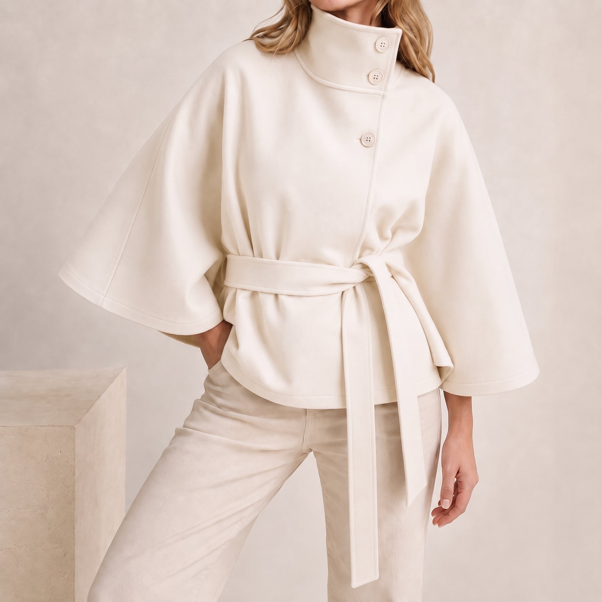 Sarah - Women's Belted Cape Jacket with Funnel Collar - Capes - White - Davies & Cooper